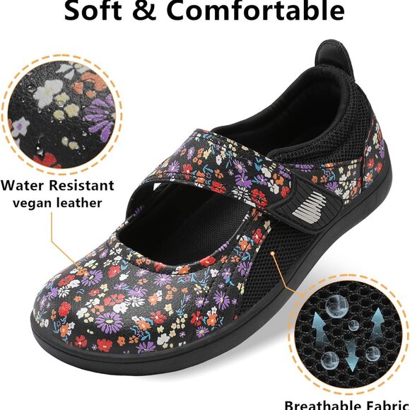 Womens Wide Toe Mary Jane Flats Breathable Diabetic Shoes Slip-Resistant - Picture 2 of 7